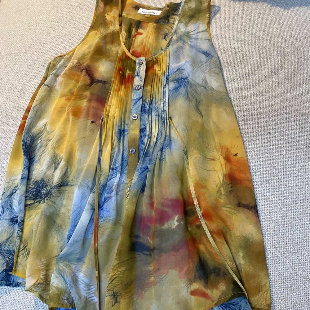 Calvin Klein Sleeveless Multi-Colored Tunic Top with Front Tie. Size S - Picture 3 of 5